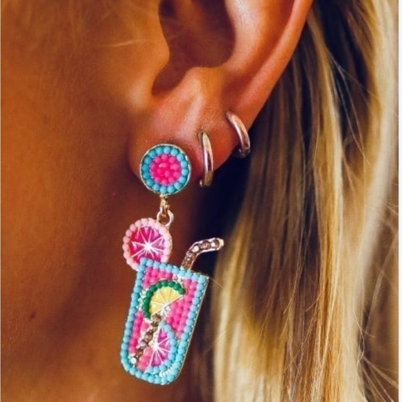 Handmade Summer Drink Dangle Earrings w/ Rhinestone Straw & Lemons - Picture 2 of 4